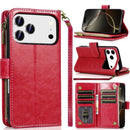 iPhone 17 Pro  6.3 Luxury Wallet Card ID Zipper Money Holder Case Cover - Red
