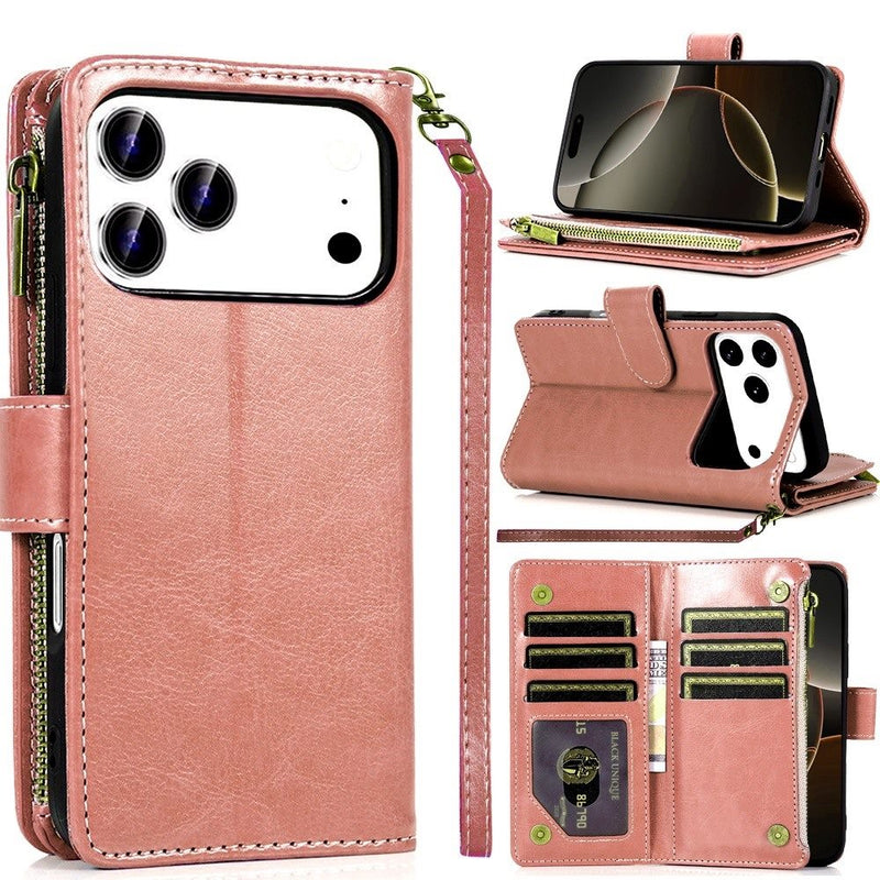 iPhone 17 Pro 6.3 Luxury Wallet Card ID Zipper Money Holder Case Cover - Rose Gold