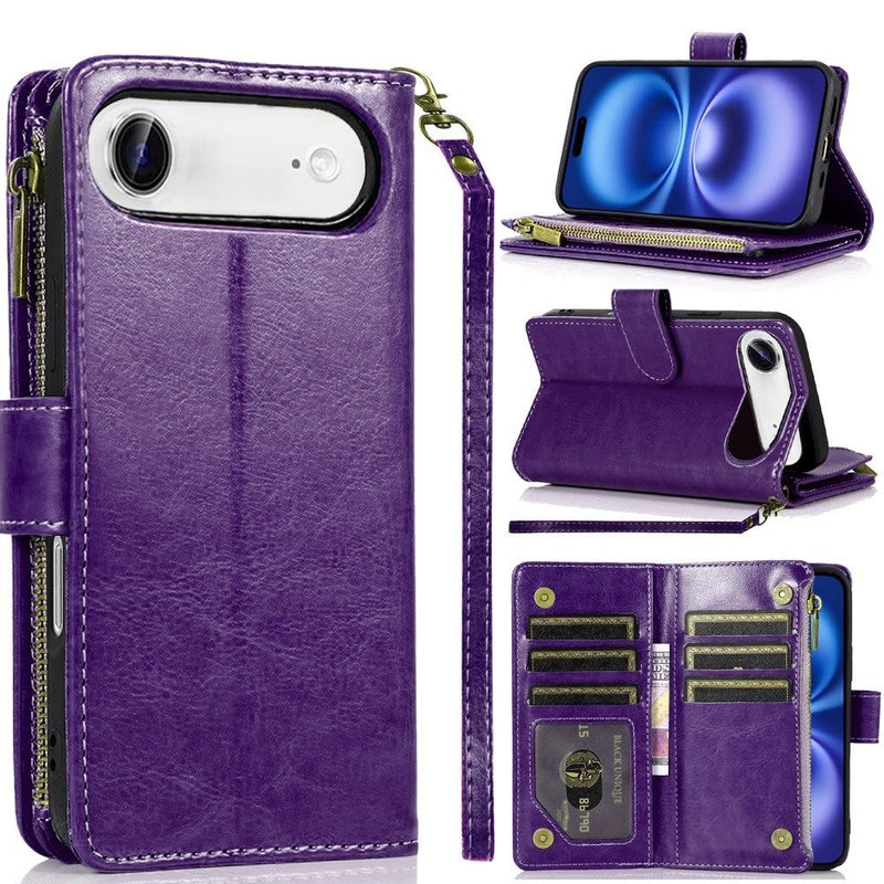 iPhone 17 Air Luxury Wallet Card ID Zipper Money Holder Case Cover - Dark Purple