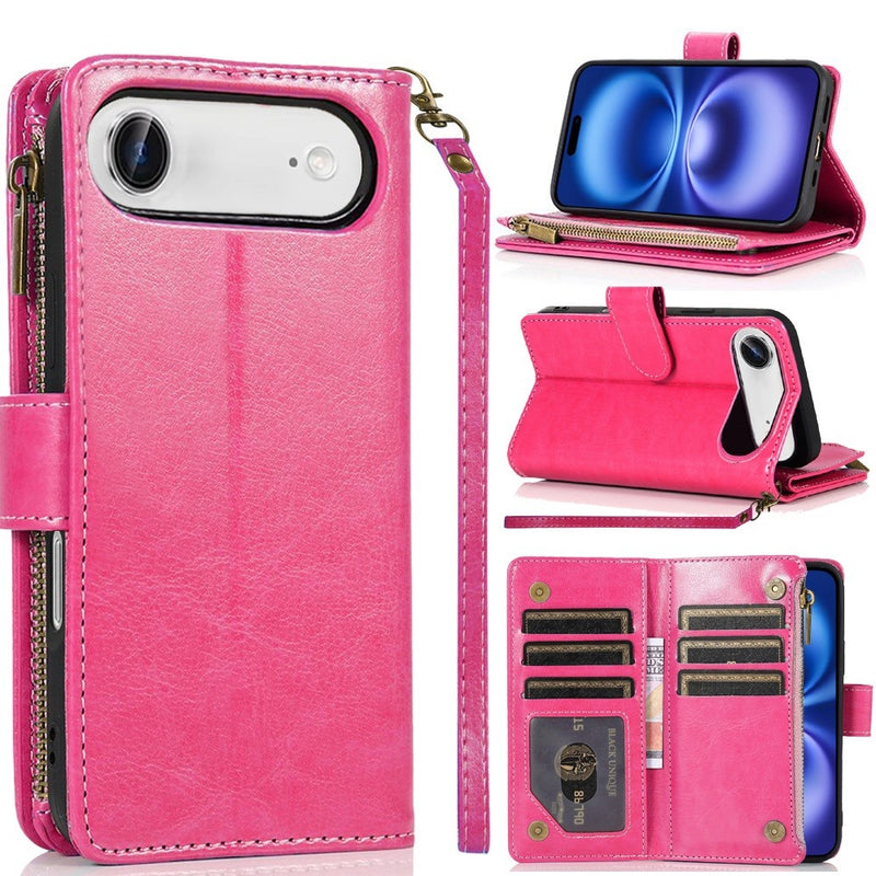 iPhone 17 Air Luxury Wallet Card ID Zipper Money Holder Case Cover - Hot Pink