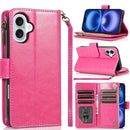 iPhone 17 Luxury Wallet Card ID Zipper Money Holder Case Cover - Hot Pink