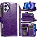 iPhone 17 Luxury Wallet Card ID Zipper Money Holder Case Cover - Dark Purple