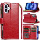 iPhone 17 Luxury Wallet Card ID Zipper Money Holder Case Cover - Red